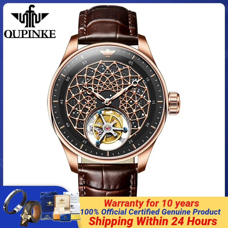 OUPINKE 8002 Tourbillon Watch Men Highend Original Leather Strap Automatic Mechanical Official Genuine Swiss Certification Watch