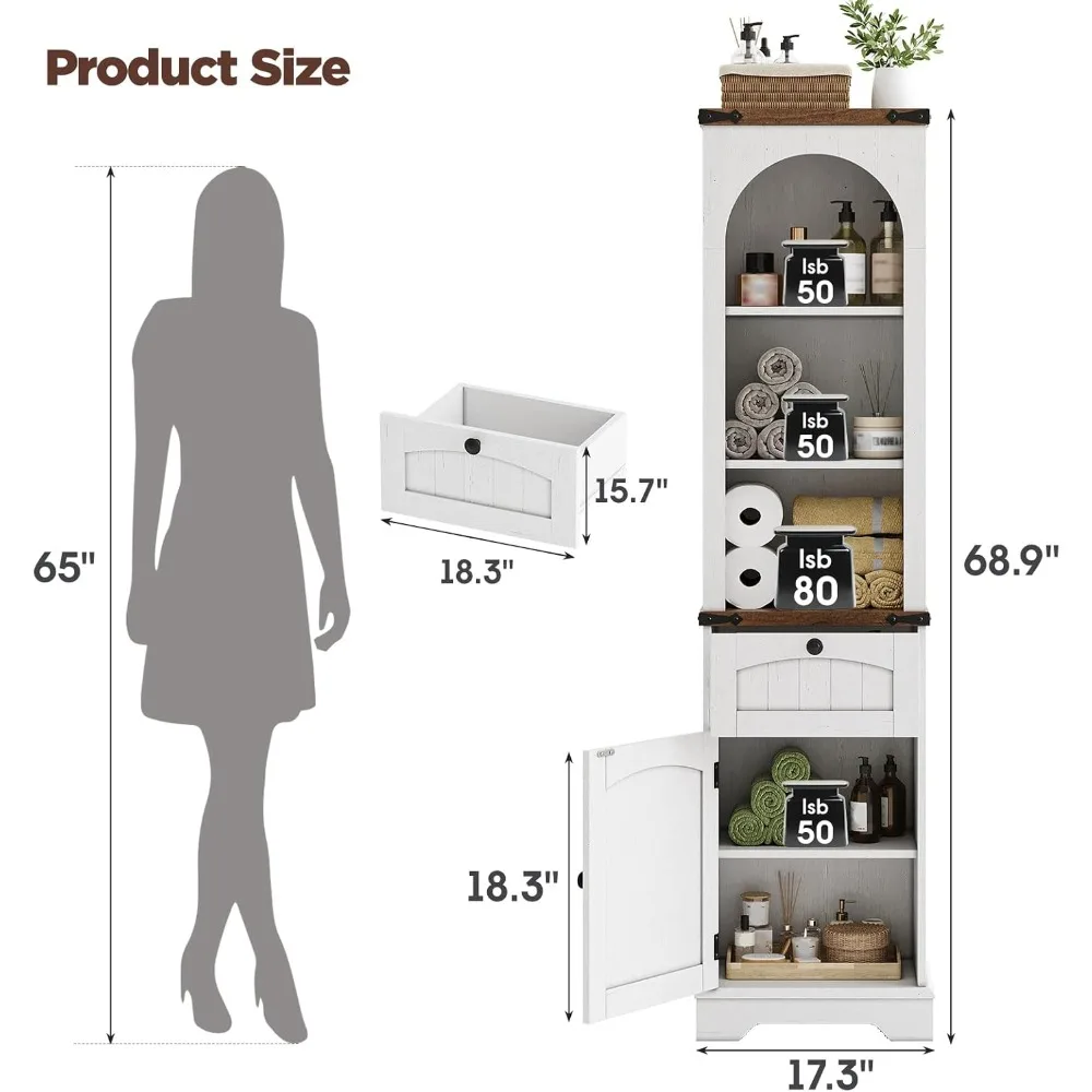 خزانة تخزين الحمام مقاس 69 بوصة، خزانة تخزين طويلة لبيت المزرعة، خزانة برجية ضيقة مقوسة قائمة بذاتها مع أرفف ودرج،