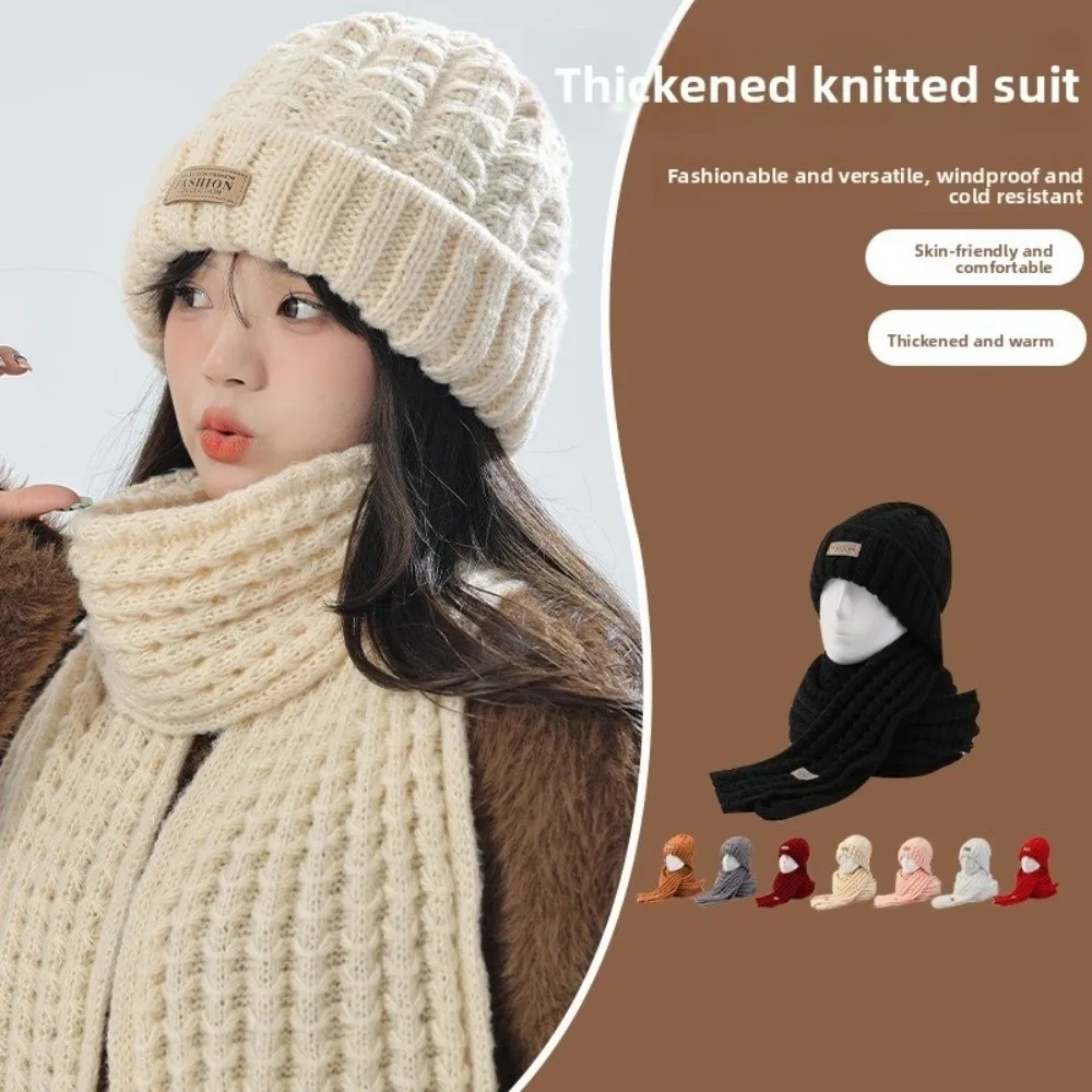 

2Pcs Trendy Windproof Knitted Hat Scarf Korean Style Plush Neck Guard Hat Set Thicken Soft Warm Scarf Winter Autumn