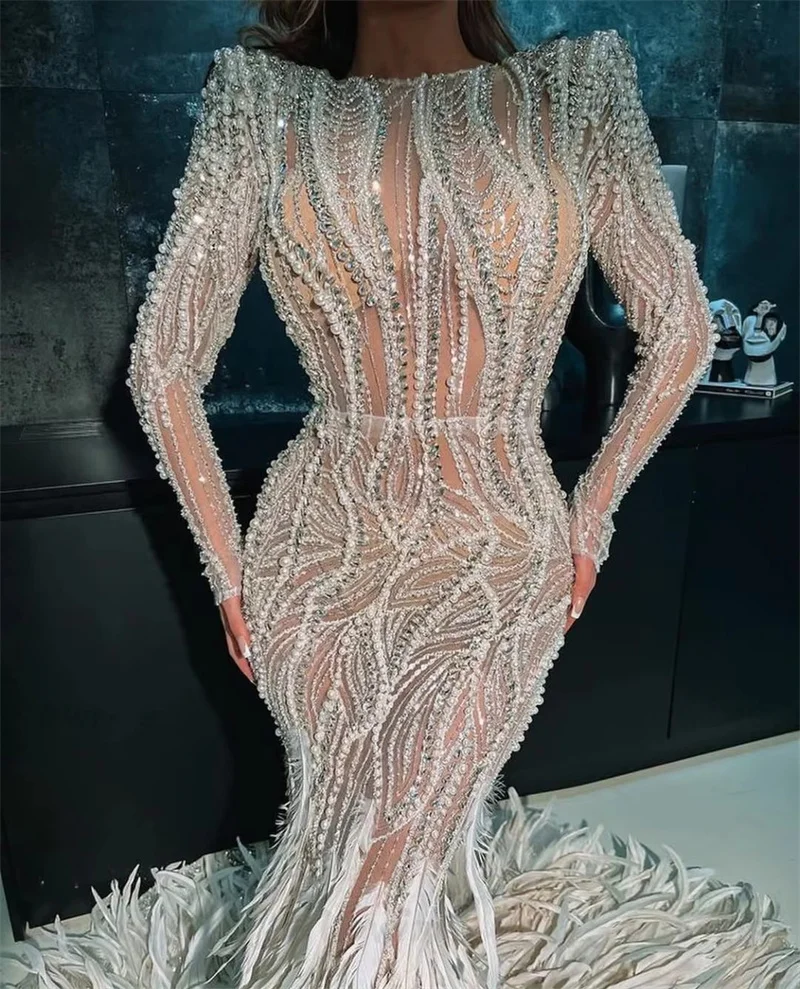 Glamorous Feathers Mermaid Evening Dress Dubai Arabic Formal Occasion Dresses Crystals Pearl Long Sleeve Prom Party Dress Gowns