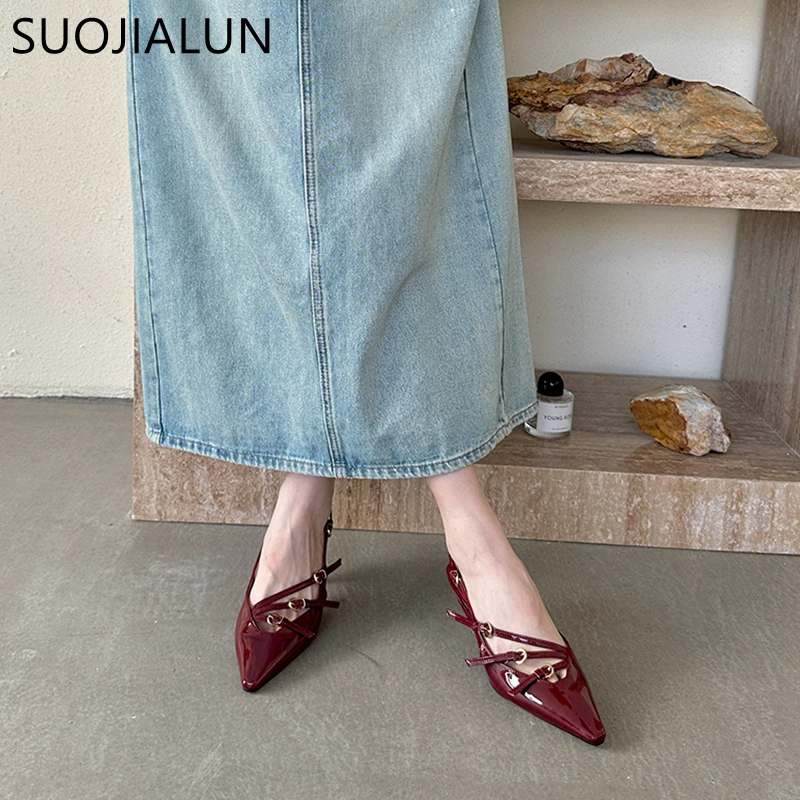 SUOJIALUN 2024 Spring New Brand Women Sandal Fashion Narrow Band Shallow Slip On Slingback Shoes Thin High Heel Dress Sandal Sho