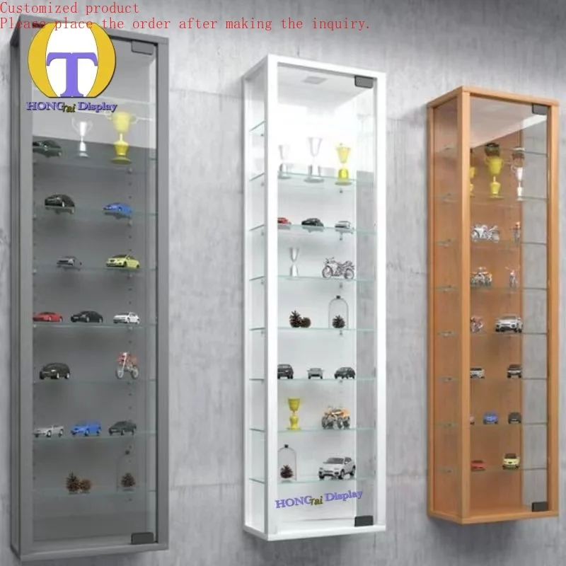 

Custom.Latest Design Custom Tempered Glass Aluminum Frame Smoke Shop Display Case Swing Door Wall Case With Down Light