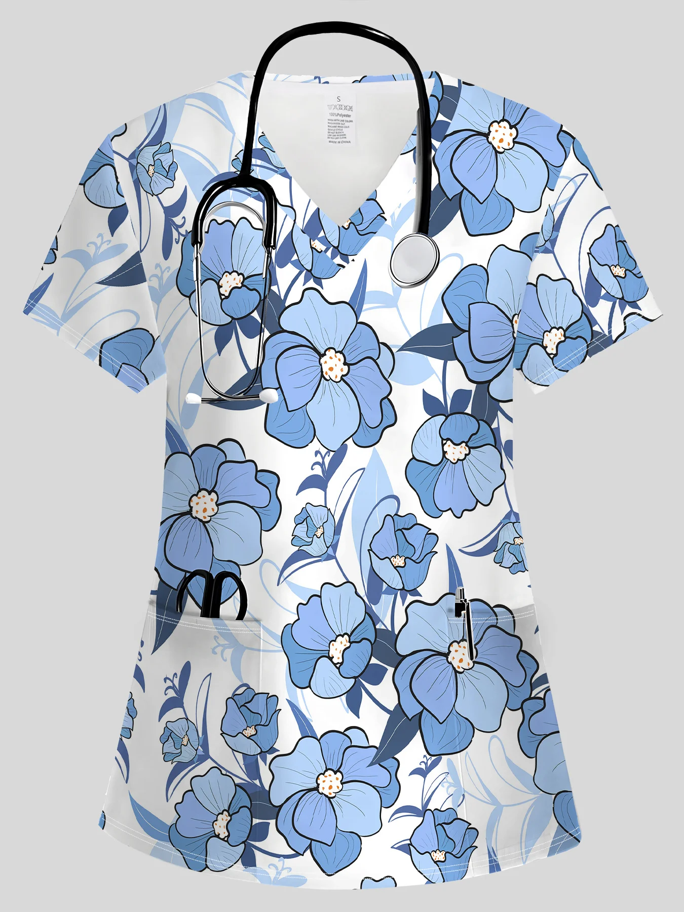 Surgical Uniforms Woman Fashion Floral Print Comforts Dental Nurse Tops Casual V-Neck Short Sleeve Vet Spa Nurse Uniform Woman