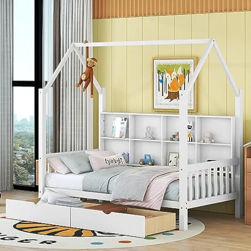 Twin House Bed with Integrated Drawers and Rear Shelf | Wooden Playhouse-Style Sleeping Space for Children | Contemporary Design