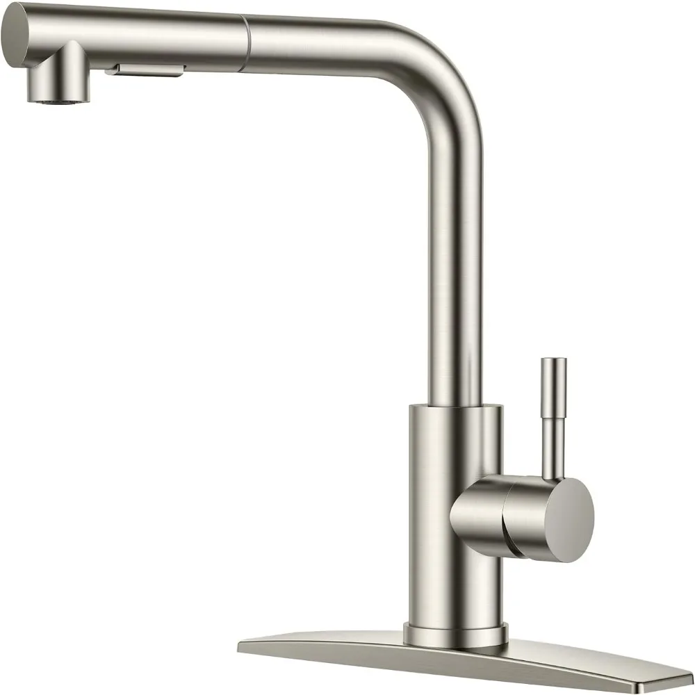Single Handle Pull Out Sprayer Kitchen Faucet with Deck Plate, Suitable for Bar, Farmhouse, Laundry, and RV Sinks