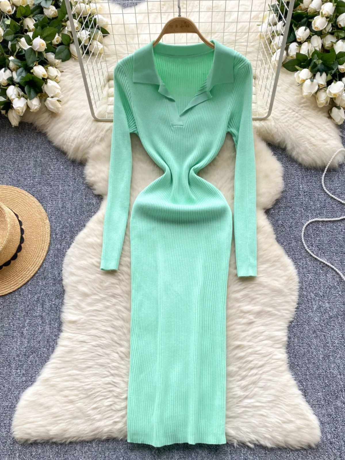 Retro Sweter z Kołnierzykiem, Długi, Wyszczuplający, Dzianinowy, Dopasowany do Sylwetki, Spódnica z Wysokim Stanem, Damska, Jesienno-Zimowa, Moda Koreańska, Elegancki