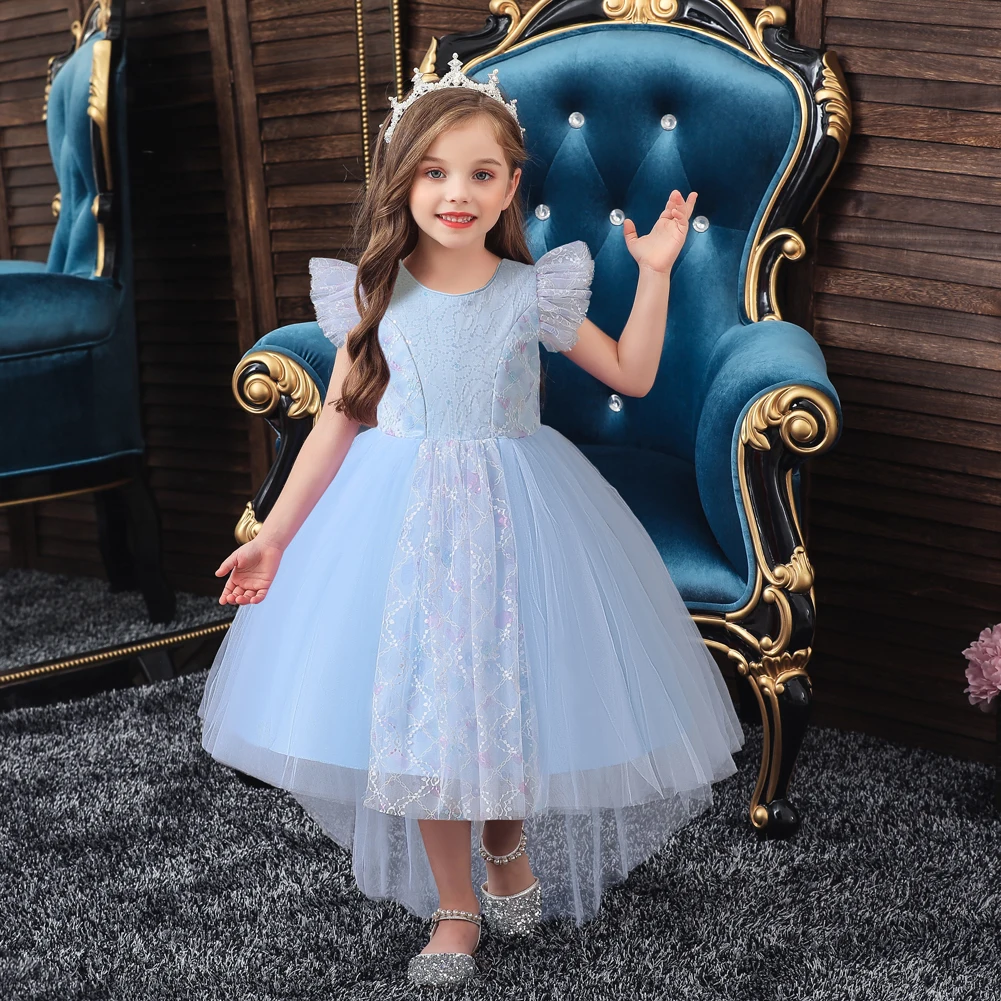 Blue Sweet Child Performance Dress, Flying Sleeves, Fluffy Mesh Dress, Sequin Trailing Skirt, Princess Birthday Party Wea