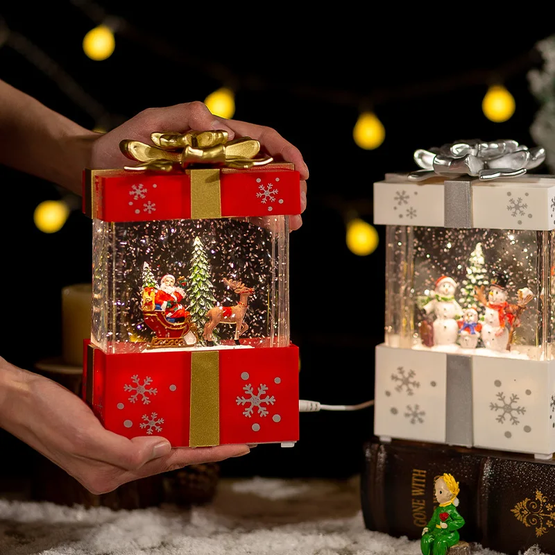 Christmas Music Gift Box Home Decoration Popcorn Scene Village Rotating Santa Statue Christmas Desktop Decor Xmas Kid Child Gift