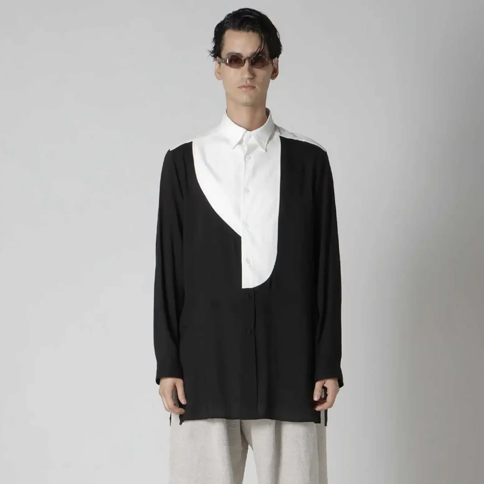 

YOJI OOAK японская оригинальная черно-белая рубашка в стиле пэчворк, дизайнерская рубашка с цветными блоками, однобортный топ для мужчин