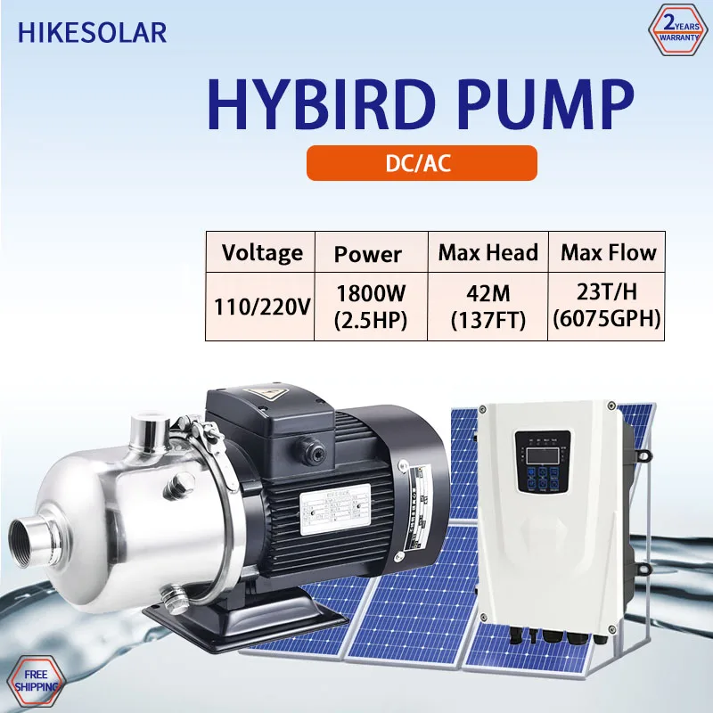 2.5HP Solar Self Prime Water Pump with MPPT Controller AC/DC Autoswitch Booster Pump SS304 Impeller Farm Agriculture Irrigation