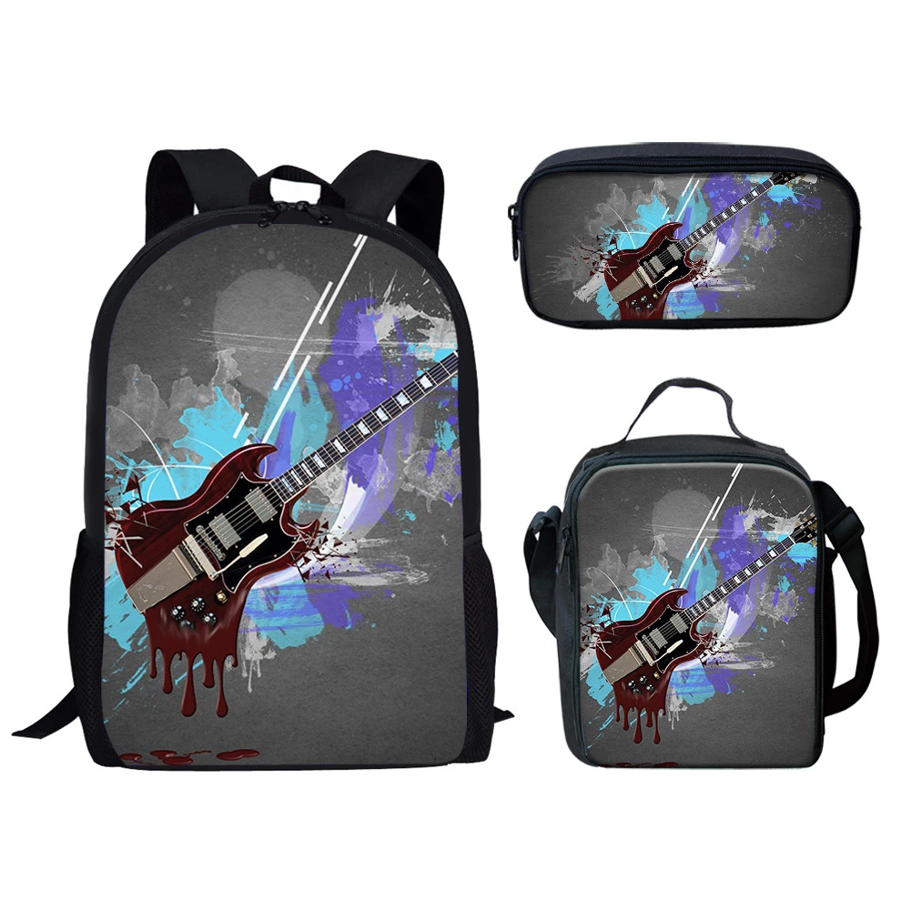 Funny Music Guitar 3pcs/Set Backpack 3D Print School Student Bookbag Anime Laptop Daypack Lunch Bag Pencil Case Kids Gifts