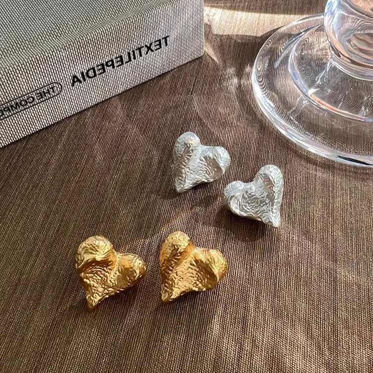 

French Retro Matte Metal Heart-shaped Stud Earrings for Women 925 Silver Needle Irregular Textured Earrings Party Jewelry Gift