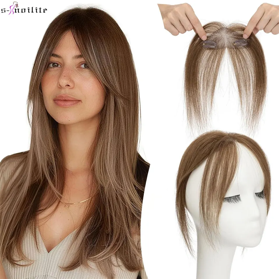 

S-noilite 100% Human Hair Clip In Bangs Natural Hair Lace Base French Fringe Side Bangs Middle Part with Temple Hairpiece Daily