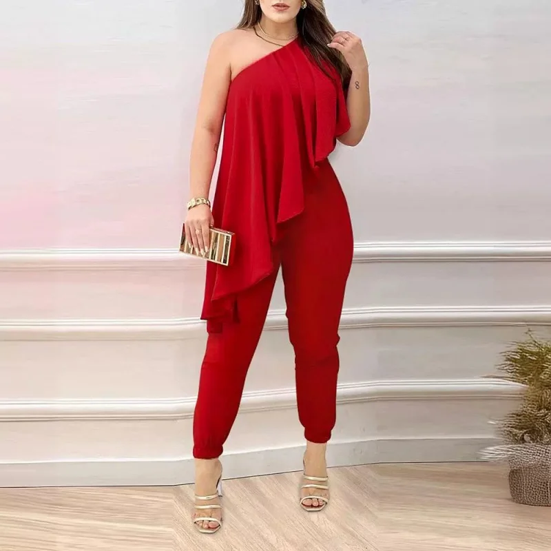 2023European and American Women's Clothing Yama Oblique Shoulder Ruffles Jumpsuit