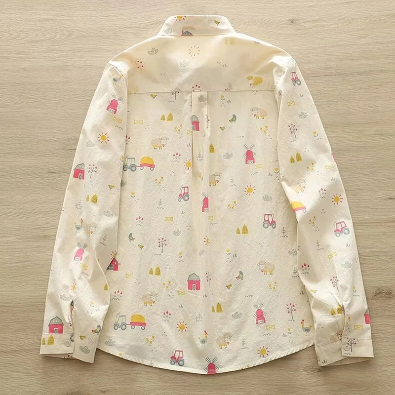 Spring Autumn Women New Cartoon Car Printed Shirt Casual Sweet Turn Down Collar Cotton Long Sleeve Female Base Blouse Tops U315