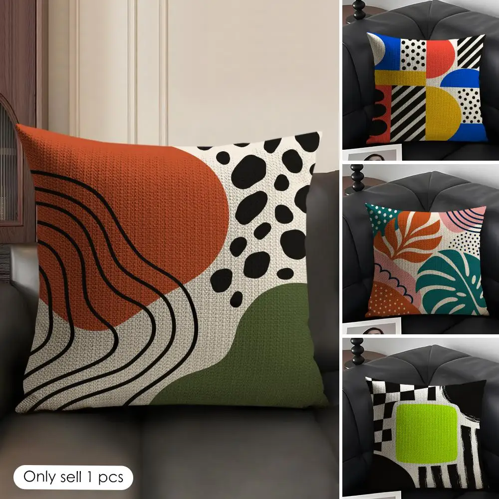 Colorful Abstract Mid Century Cushion Cover Skin-Friendly Organic Linen Pillow Cover Durable Hypoallergenic Washable Soft