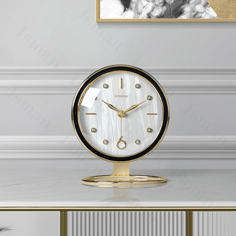 Light Luxury Golden Stroke Round Desk Clock Ornaments Nordic Home Desktop Metal Crafts Mute Clocks Living Room Decoration