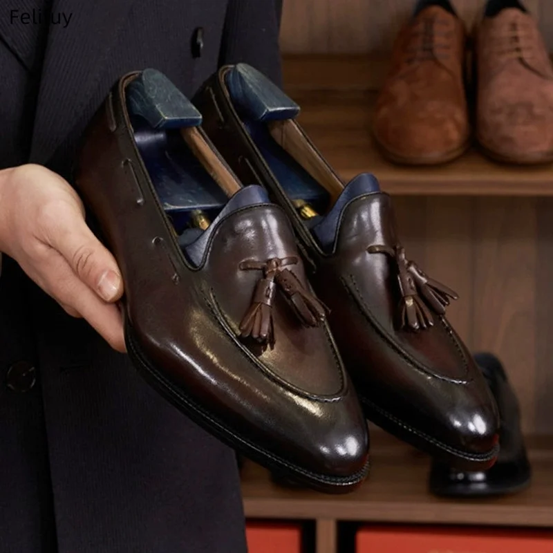 Plus 37-48 Design Black Men Genuine leather Shoes Moccasins Men's Tassel Loafers Vintage Slip-on Casual Men Social Dress Shoes