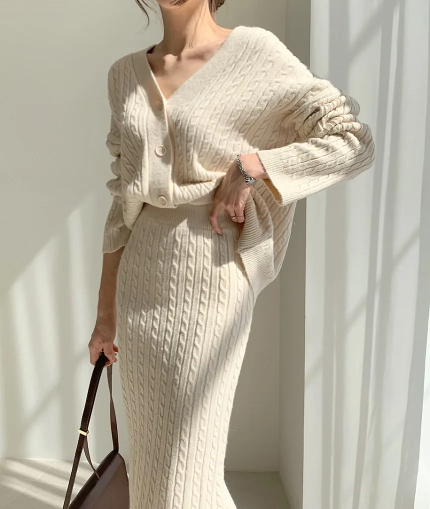 

Women Full Sleeve Coats Korean Sweaters V Neck Cardigan Loose Two Piece Sets Solid Knitted Package Hip Skirt Set 2023 Autumn