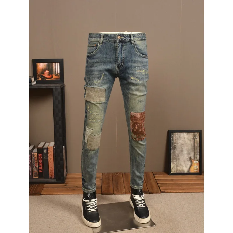 New Ripped Jeans Men'S Fashion Brand Stretch Slim Men'S Pants With Cloth Patch High Street Retro Blue Casual Denim Pants