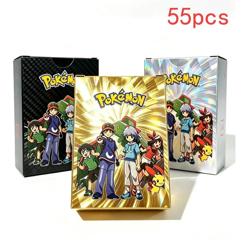 55PCS Pokémon Gold Foil Cards, Rare Charizard Vmax Gx Holo Shiny Trading Game Card, Collector Edition Interactive Board Game Set