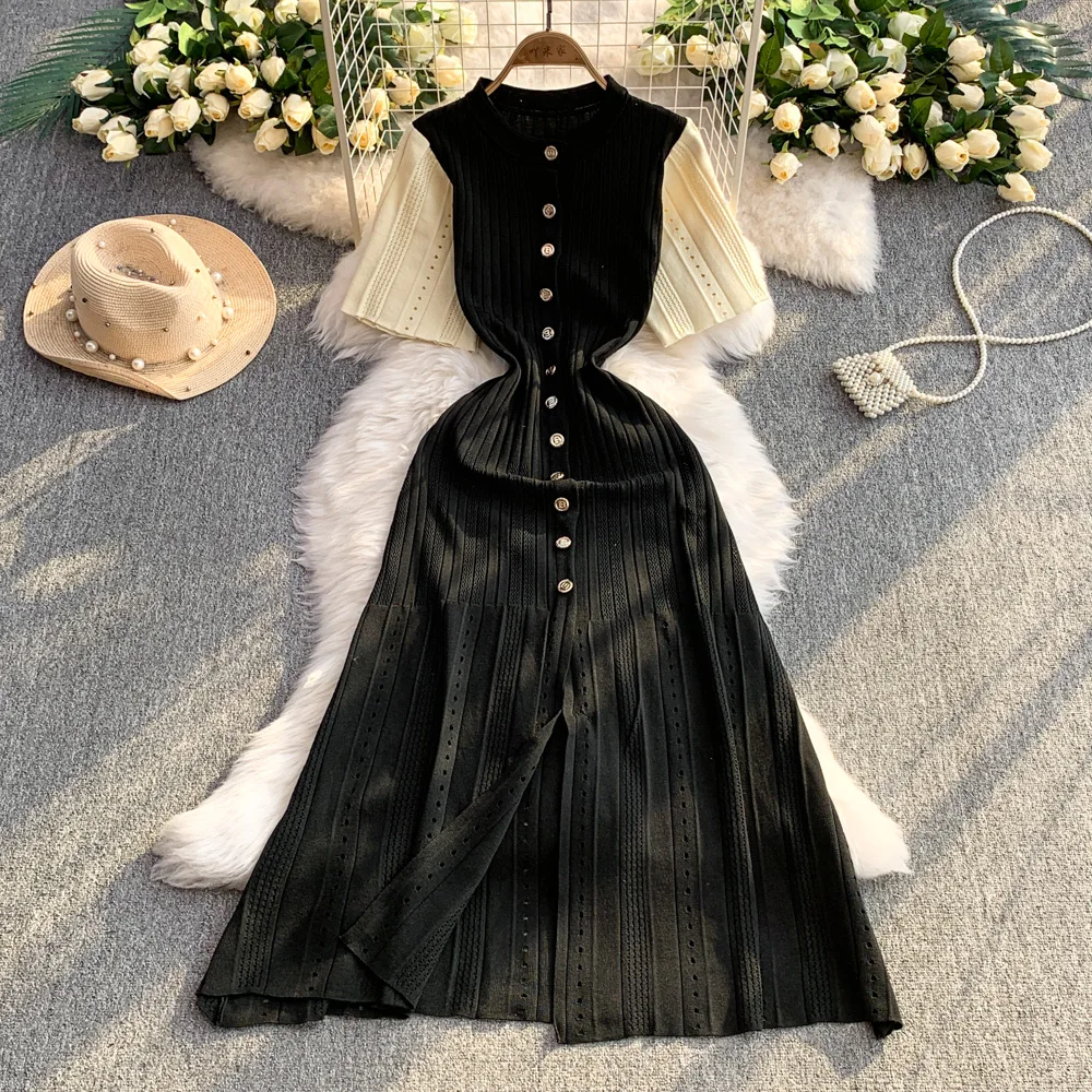 

YuooMuoo Women Dress 2025 Spring and Summer Elegant Patchwork One-Piece Knitted Maxi Dress Office Lady Slim Waist Sweater Dress