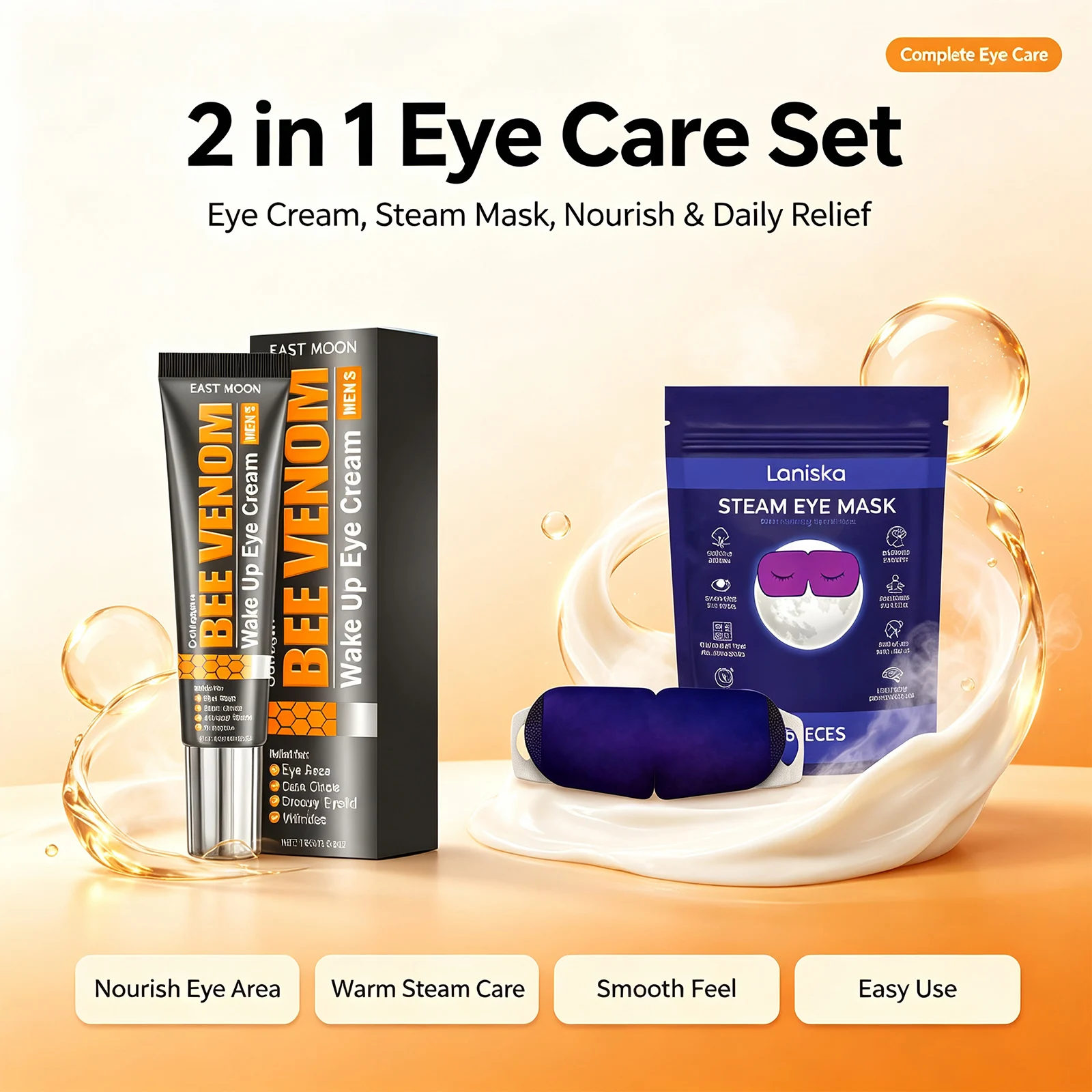 Crème Contour des Yeux au Venin d'Abeille et Collagène pour Réduire les Poches et les Cernes, Raffermir le Contour des Yeux, Absorption Rapide + Masque Yeux
