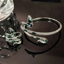 Fashion Red Enamel Drip Oil Snake Shape Bracelet Ring Set For Women Classic Rhinestone Bracelet Office Party Luxury Jewelry Gift