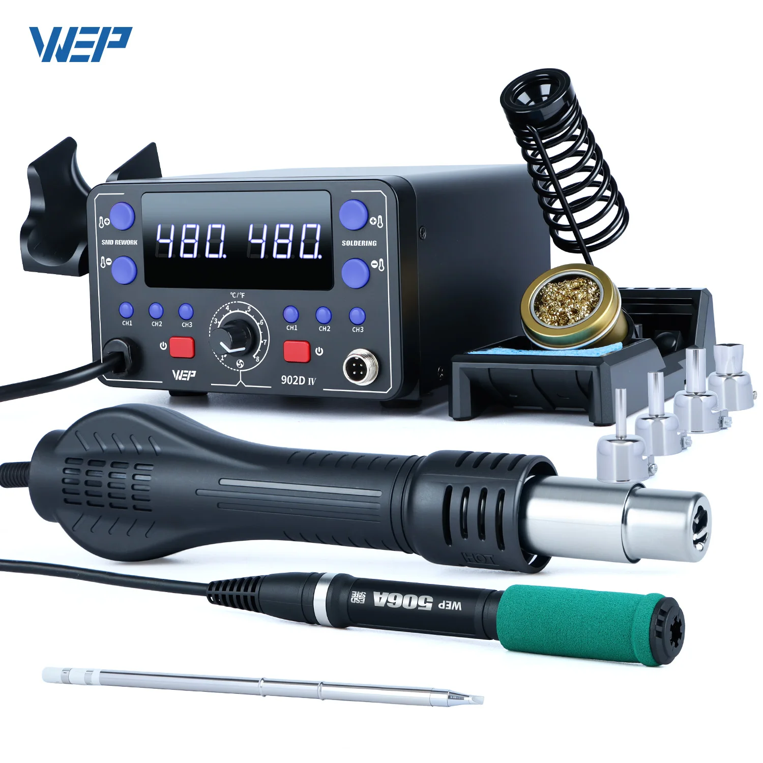 

902D-IV 775W SMD Repair Fast Heating LCD Large Digital Display 2 In 1 Hot Air T12 Soldering Iron Rework Station