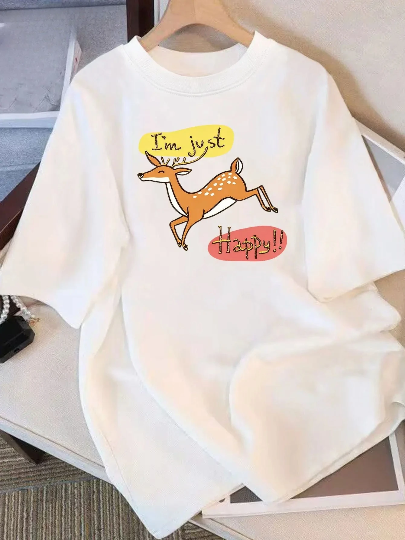 I am Just Happy Deer Print Summer Round Neck Women's Comfortable Casual T-shirt Youth Fashion Vitality Daily Short Sleeved Shirt