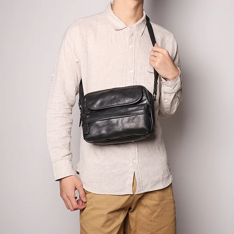 Men's leather shoulder bag women's abrasive leather cross-body large capacity square large capacity ipda storage