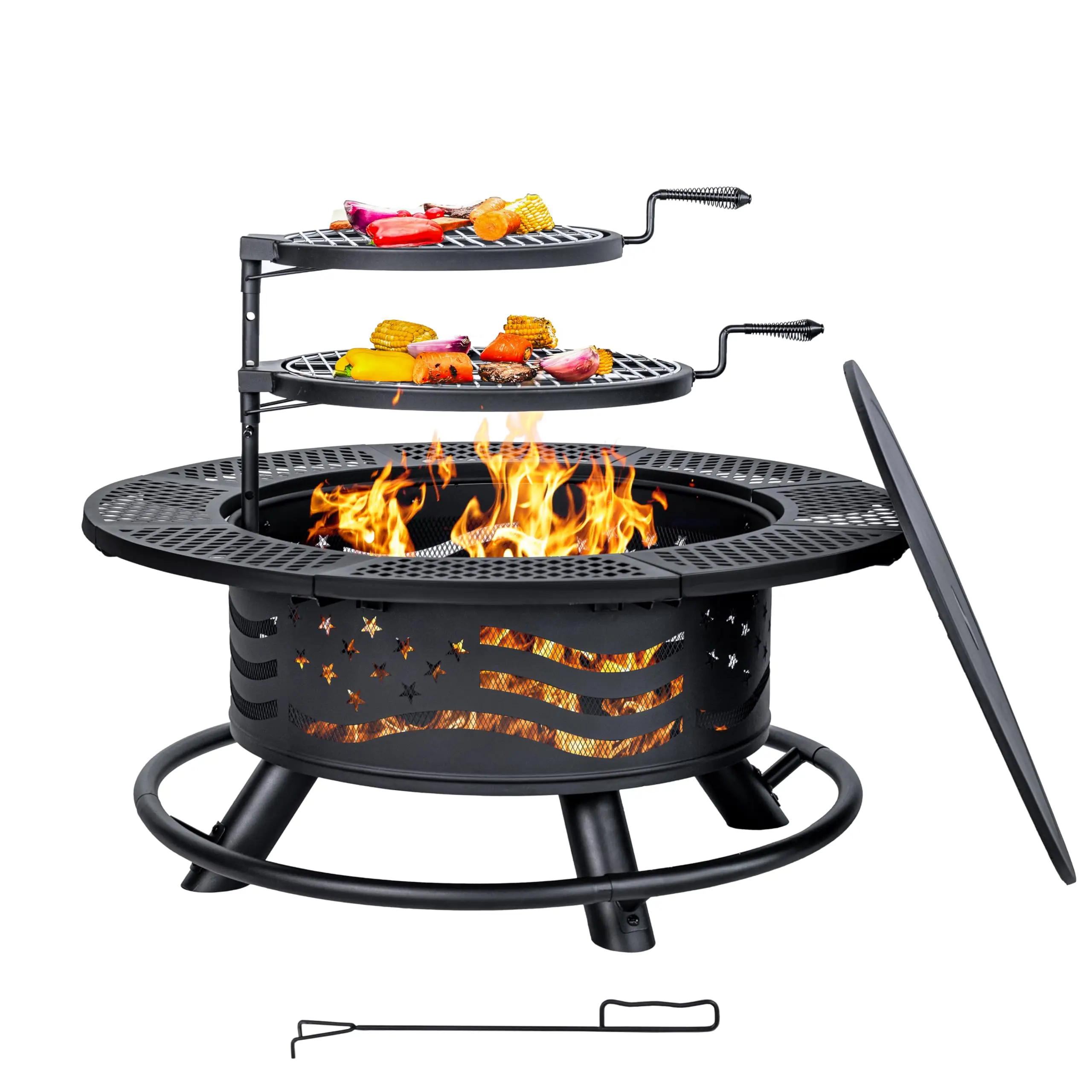 36 Inch Fire Pit with 2 Cooking Grates, Grill Fire Pit with Lid