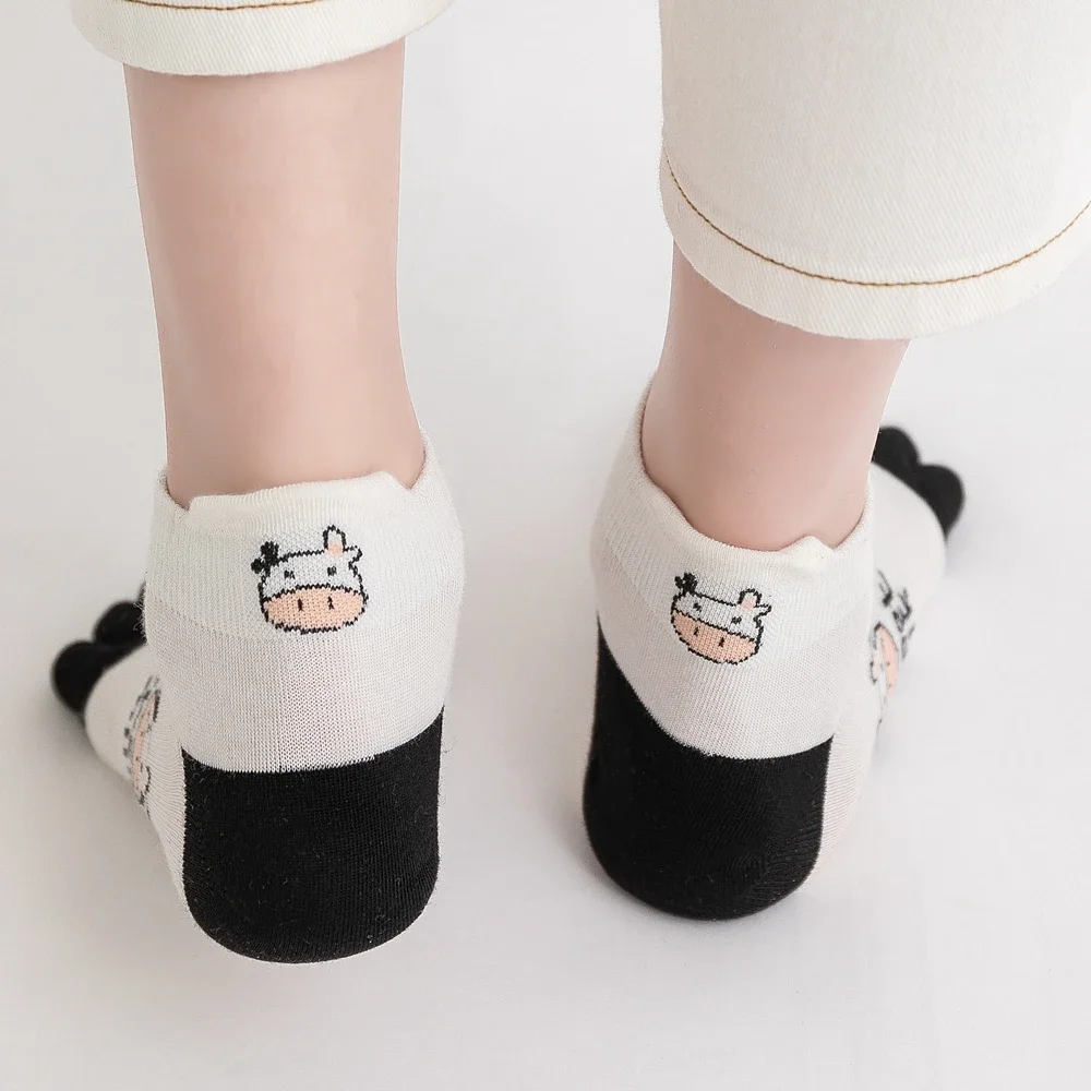 5 Pairs Toe Socks Women Cute Cow Print Five Finger Socks Kawaii Summer Short Ankle Socks with Separate Fingers Korean Fashion