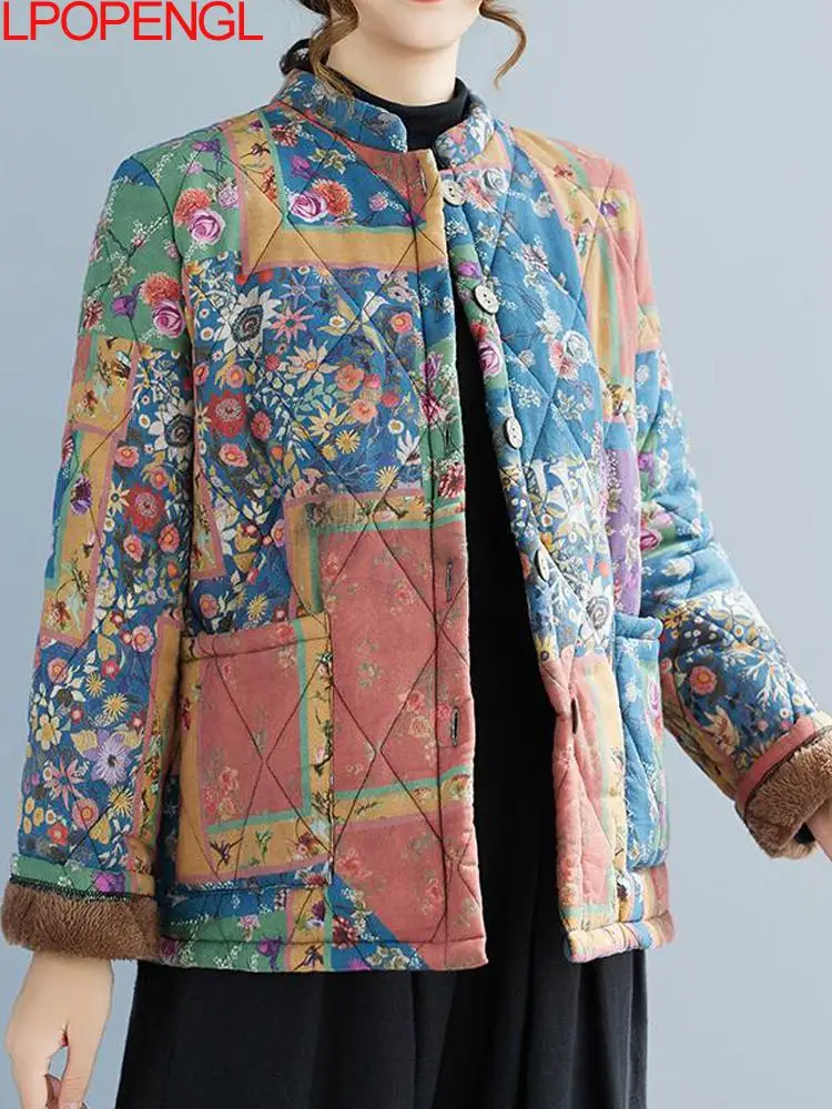 

2025 зимнее короткое хлопковое пальто в стиле ретро, женское однобортное пальто с принтом воротника и воротником-стойкой в этническом стиле, толстая бархатная куртка с длинными рукавами