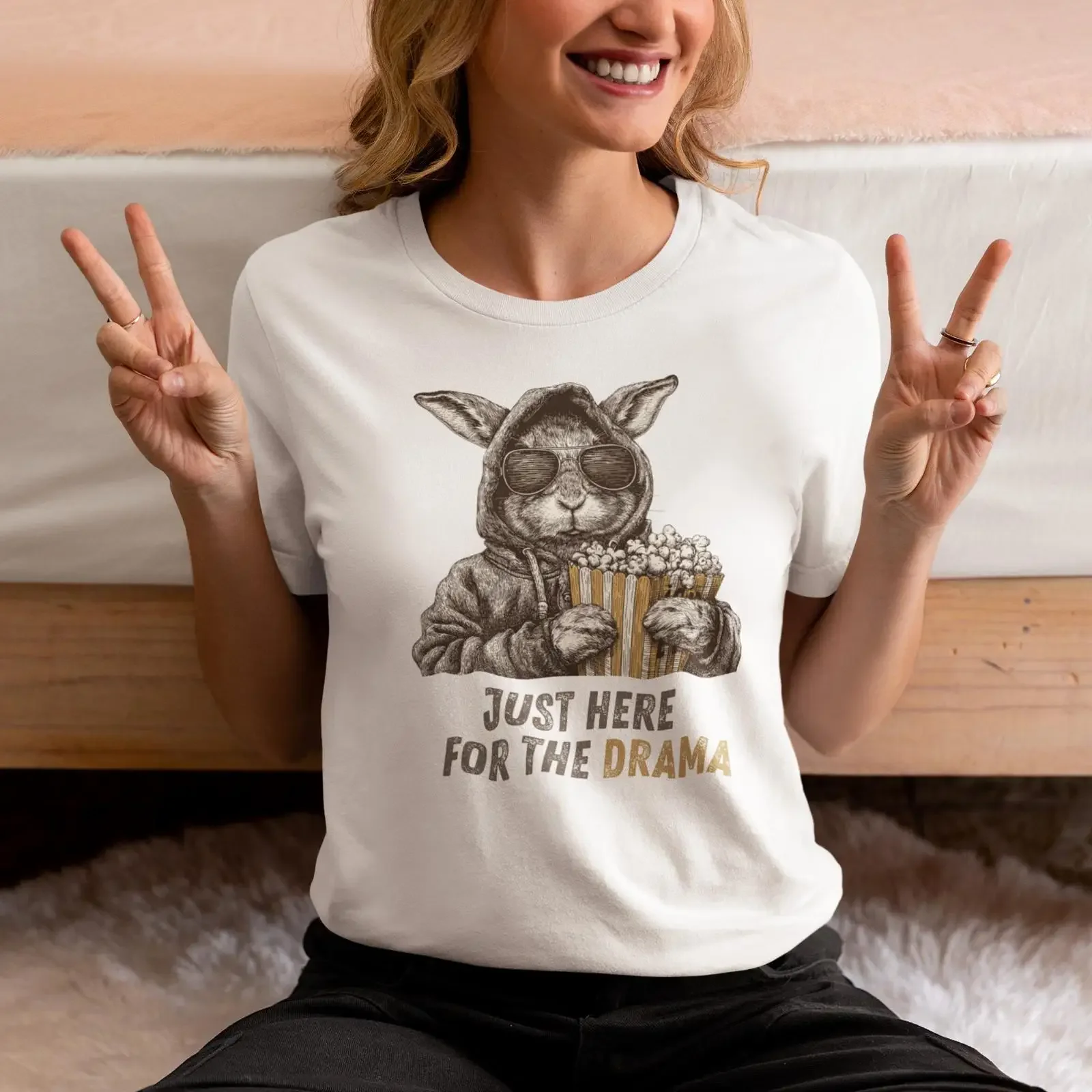 Just Here for the Drama Funny Bunny Popcorn T Shirt Cute Animal Sarcastic Humor Meme Lovers vintage Washed fashion Slightly