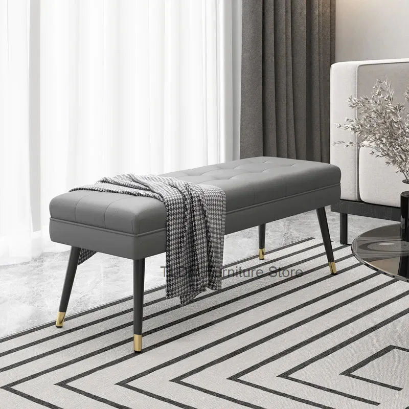 Wood Tip Bench Solid Button Tapered Leg Metal Tufted Padded Rectangular Ottoman Stool for Entryway Bedroom Bed End Decor