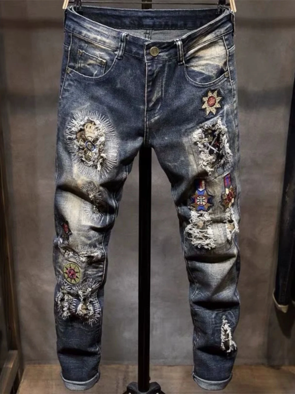 

Faionable Embroidered Men's Slim Fit Straight Leg Stretchy Retro Patchwork Jeans Casual High Elastici Youth Spring Autumn