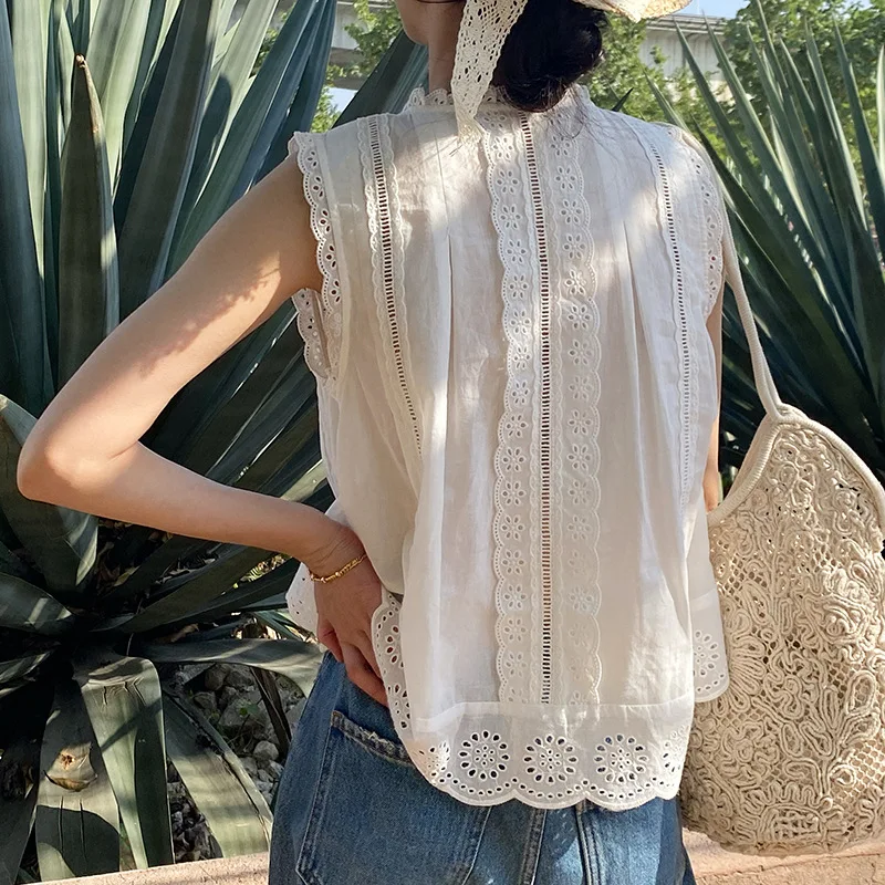 Top ricamato in stile vacanza francese estiva, set da donna in 2 pezzi con gonna a mezza lunghezza, camicia bianca scavata