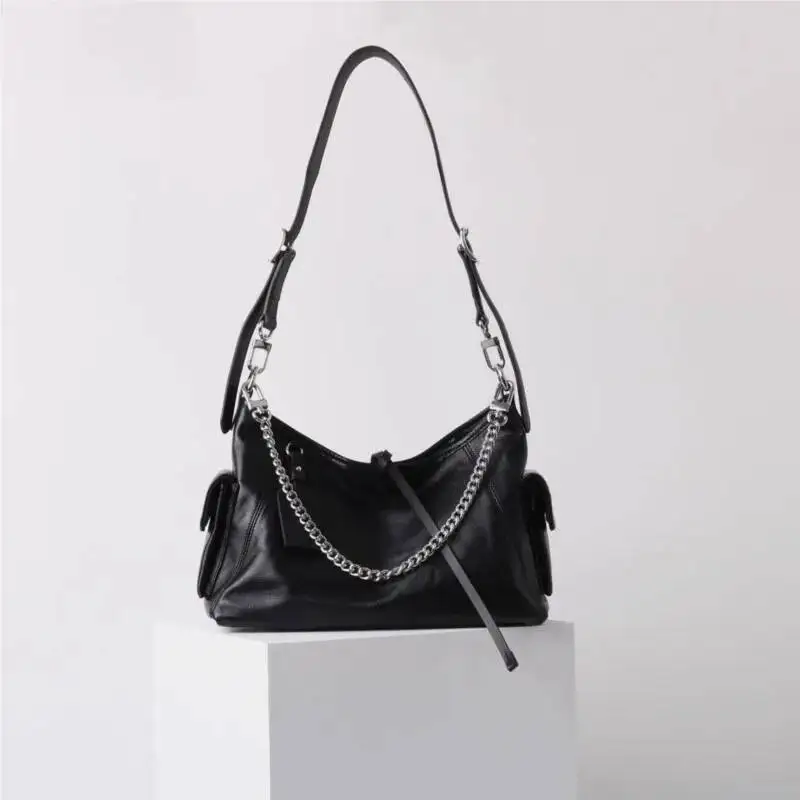Black Tied Chain Tote Women Leather Large Capacity Ing Shoulder Ladies Retro Sle Commute Casual Crossbody Bag 2025