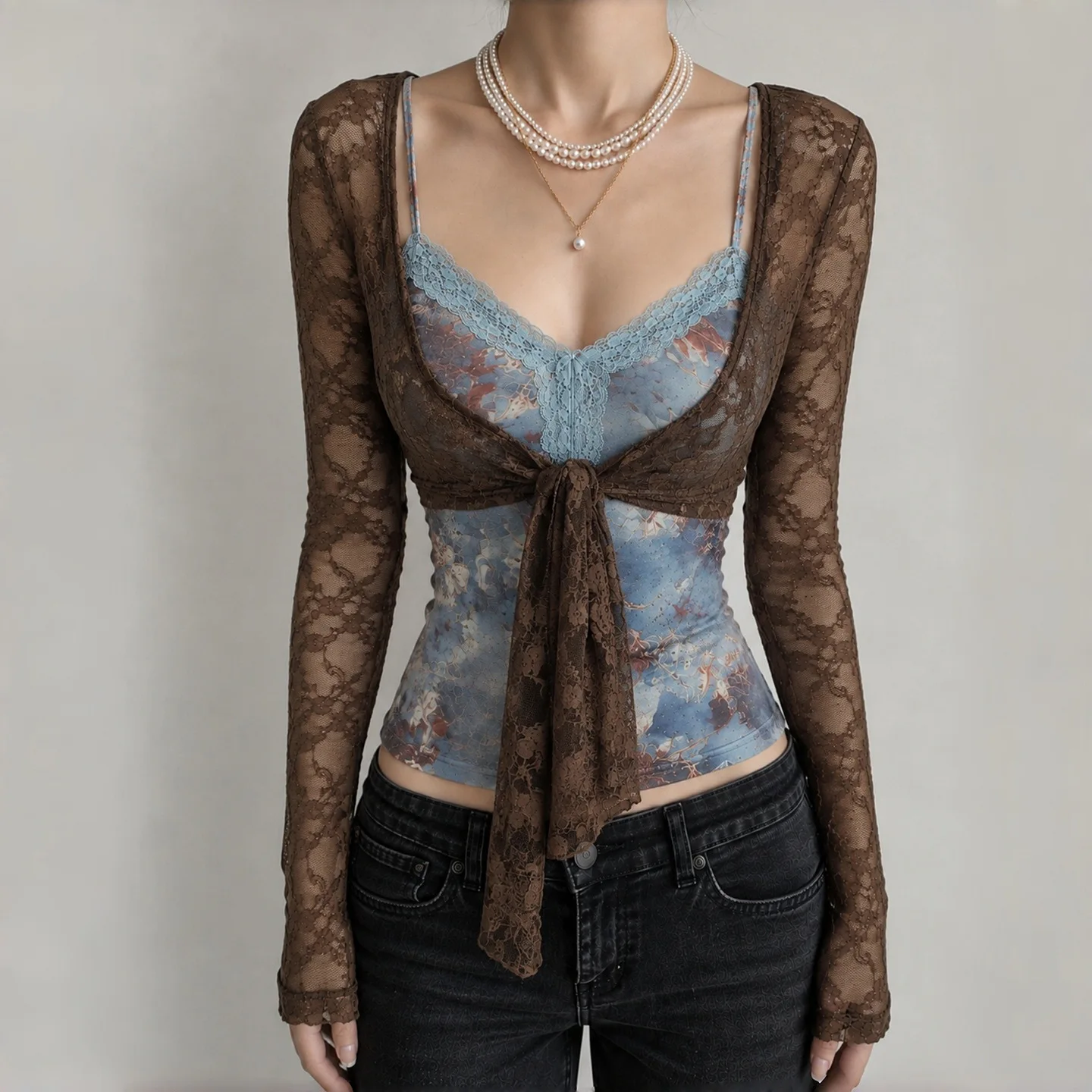 Women Retro Print V-Neck Top Sexy Hottie Beach Camisole Tops +Lace See Through Long Sleeve Cover-ups Front Tie-up Smock