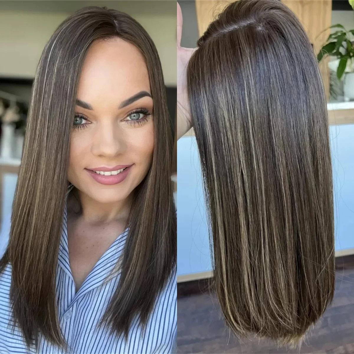 

Натуральный синтетический парик до плеч с темными прядями и светлыми мелированиями, прямой, с предварительно проработанной линией роста волос, плотность 180%, премиум-волокно