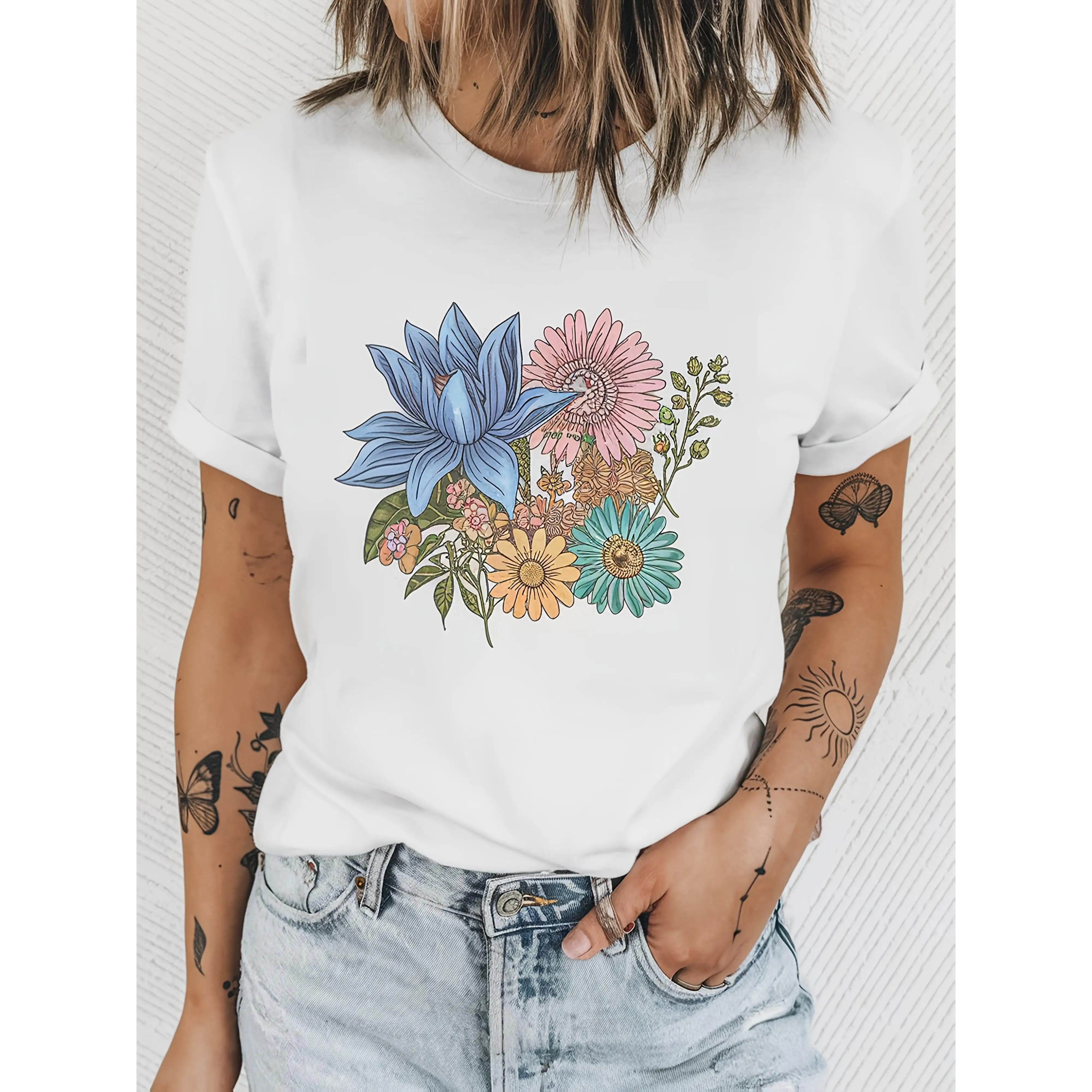 

1pc T-shirt suitable for men and women, Women'S Flower Print Short Sleeve T-Shirt- Stylish, Comfortable for Daily Wear, Ideal fo
