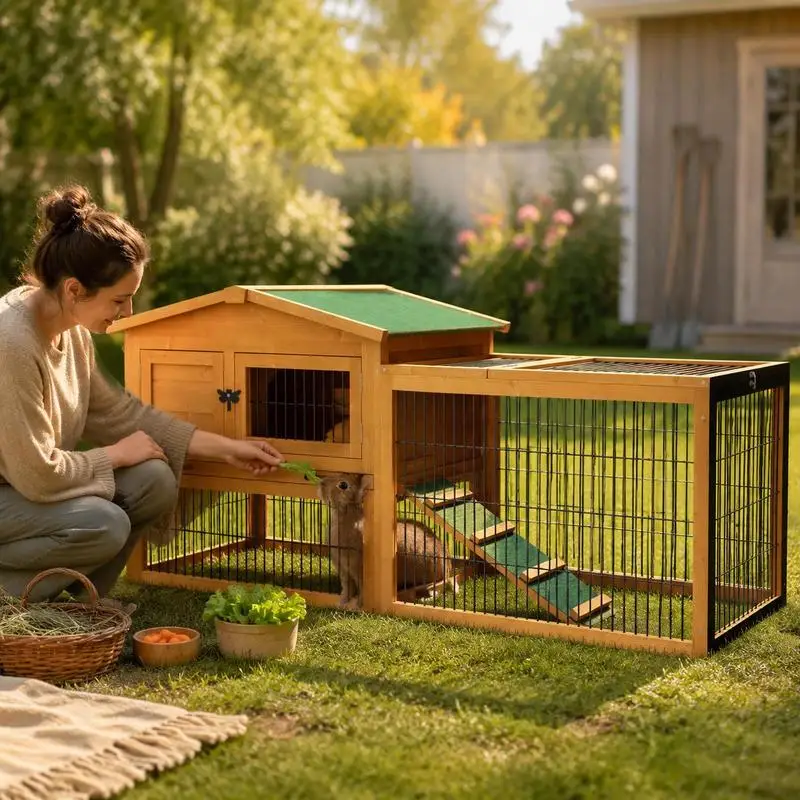 Enclos à lapins extérieur à deux niveaux de 59 pouces, en bois de sapin jaune, avec rampe, portes verrouillables et plateau extractible, 150×52.5×68cm, enclos surélevé pour animaux de compagnie pour jardin et patio