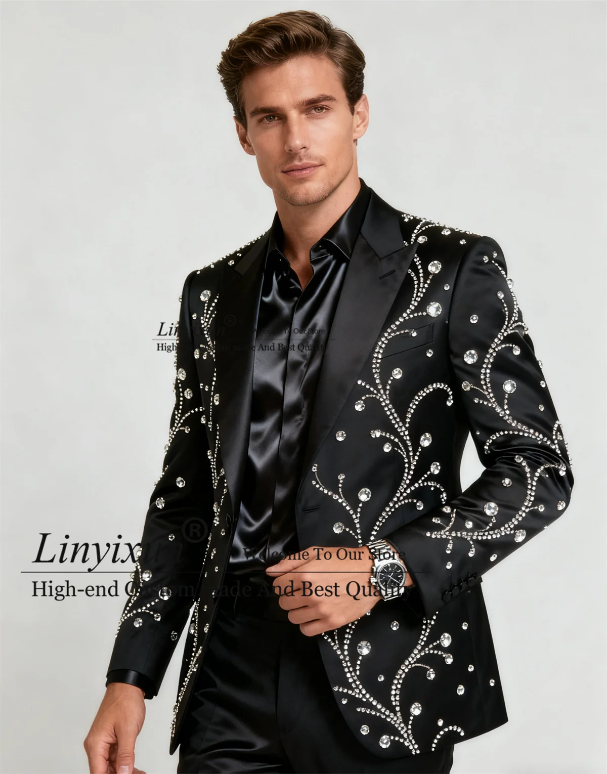 

Handsome Slim Men Suits Stone Rhinestone Tuxedos Costume Homme 2 Pieces Sets Customized Peaked Lapel Wedding Party Ropa Blazer