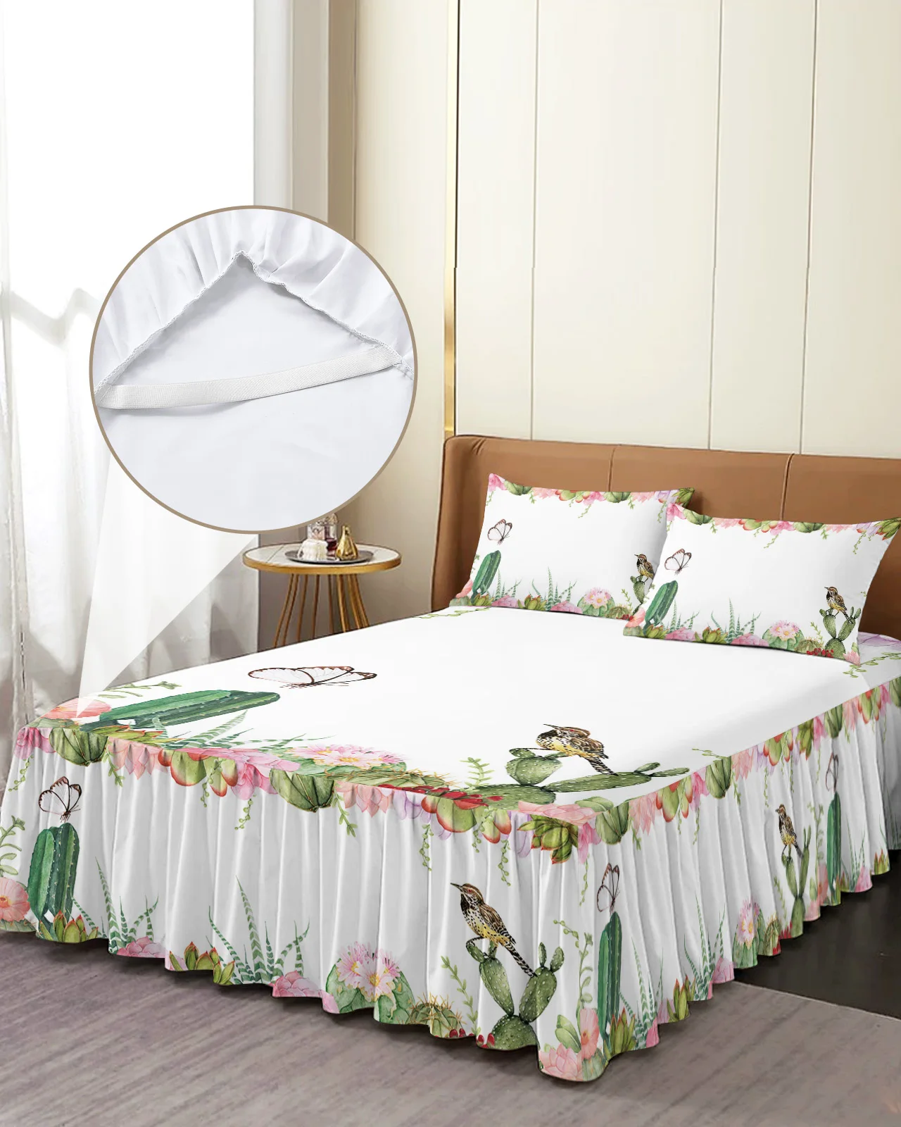 Bird Flower Succulent Butterfly White Bed Skirt Elastic Fitted Bedspread With Pillowcases Mattress Cover Bedding Set Bed Sheet