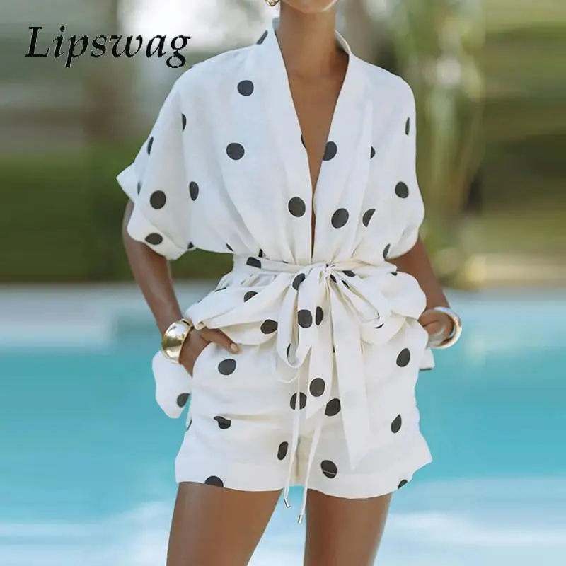 

Elegant Polka Dot Pocket Set Women Casaul Short Sleeve Loose Holiday Linen 2Pc Suit Sexy V-neck Tie Up Top & Short Pant Outfits