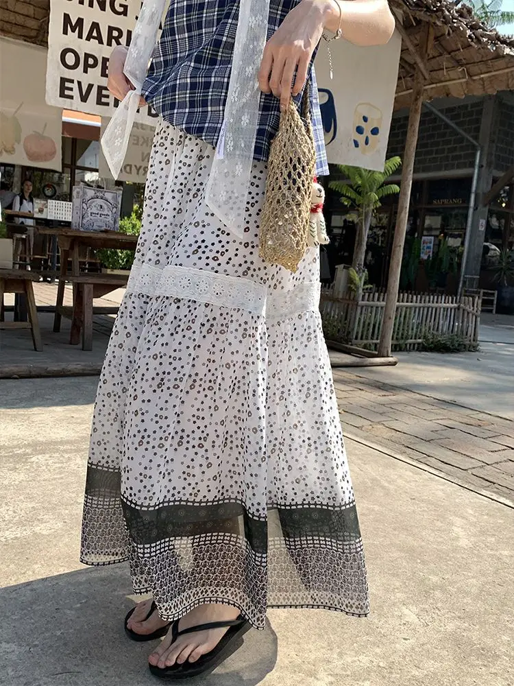 

Винтажная богемная летняя свободная лоскутная юбка, модная повседневная длинная юбка в горошек с высокой талией, ретро Harajuku, наряды с кружевным принтом