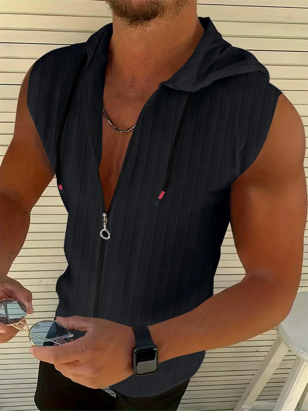 New Summer Sleeveless Zippered Jacquard Sportswear For Men  Fashionable Casual Men's Sportswear Breathable Shirt