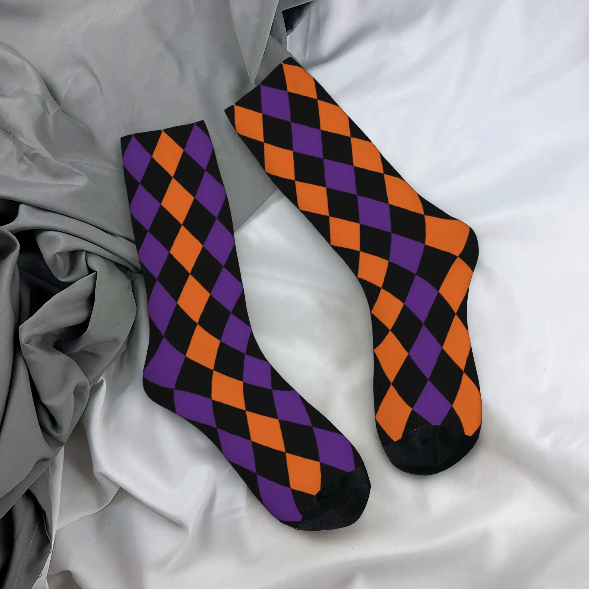 Purple Orange Black Diamond Halloween Socks Men's Women's Socks Harajuku Spring Summer Autumn Winter Middle Tube Socks Gift