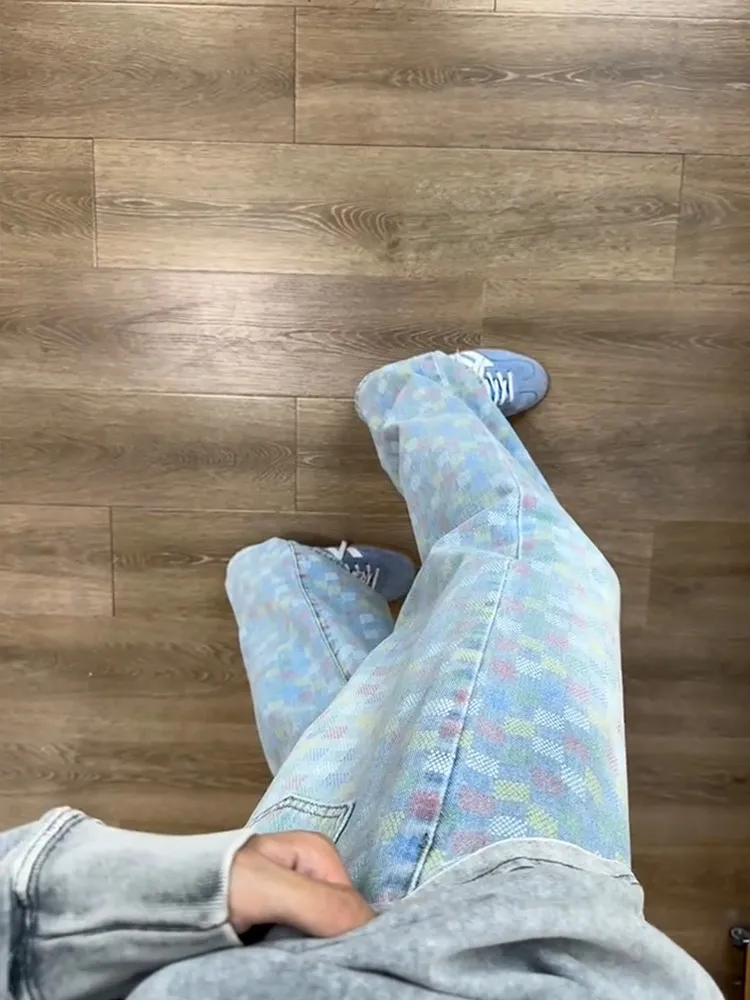 Retro Washed Men's Straight Leg Jeans Vibrant Color Block Micro Flared Design Casual Youthful Style Autumn Fashion Trend